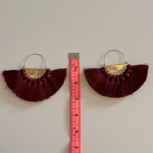 Maroon and Gold Large Tassel Hoop Statement Earrings - Picture 2 of 5